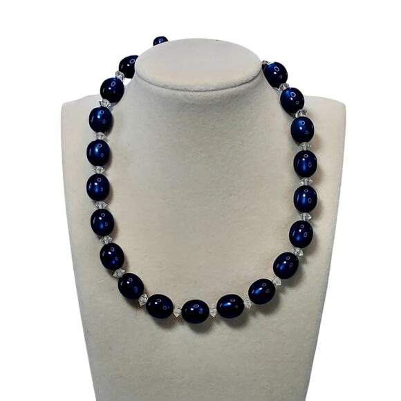 Cobalt Blue Beaded Choker Necklace Shepard Hook 12" - Picture 1 of 4